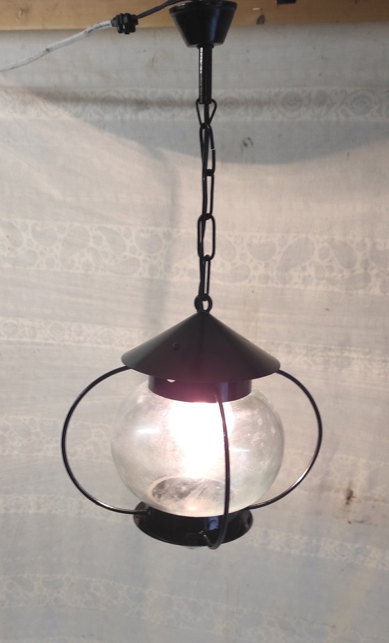 Image 1 of Lantern-style pendant light in metal and glass - 1950s