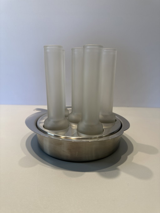  Set da liquore vintage MORINOX anni 70 80 acciaio 18/10 e vetro acidato (6 pezzi)

