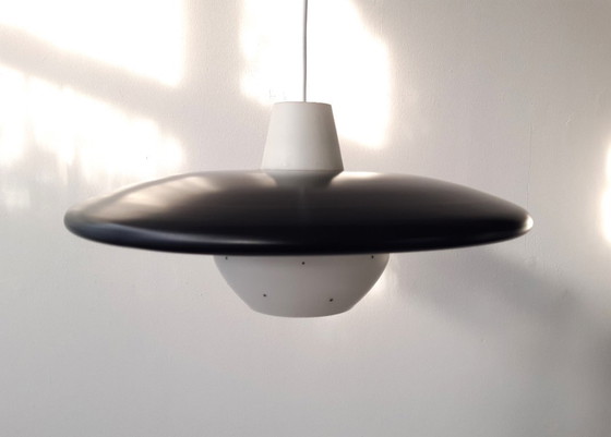 Image 1 of Vintage milk glass UFO-shaped pendant lamp with metal saucer, mcm lamp
