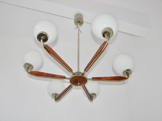 Image 1 of Modern chandelier from the 1970s – metal, teak wood and glass, 6xE14