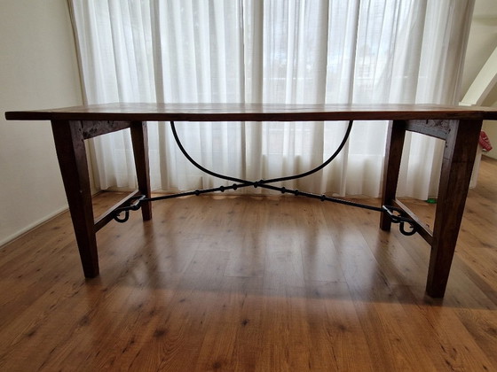 Antique Spanish Trestle Dining Table - Solid Wood & Wrought Iron (200x89 cm) (photo 4 of 9)