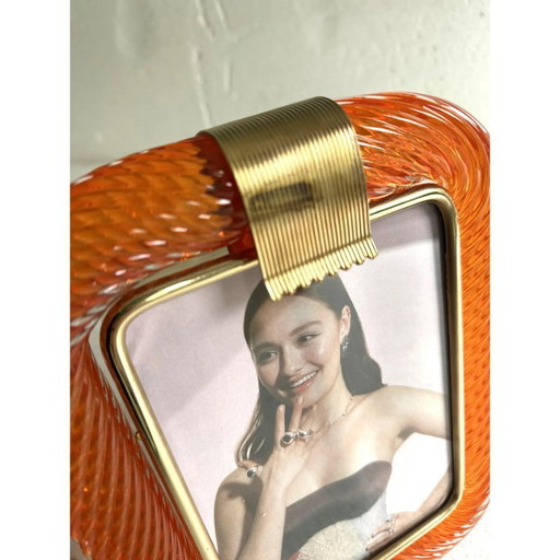 Mid-Century Modern Style Amber“Torchon” Murano Glass Picture Frame and Unaquered Brass in Barovier Style.