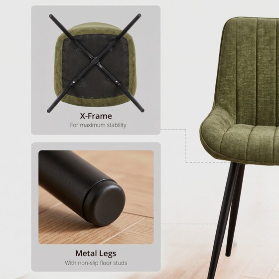 Image 1 of Juego de 4 sillas tapizadas en verde oliva: sillas de comedor tapizadas en tela de chenilla de alta calidad y con patas de metal
