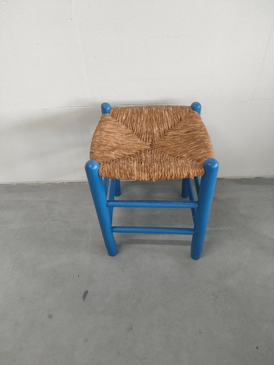 Tabouret en bois bleu avec assise tressée, Rotin, Rustic (photo 2 sur 7)