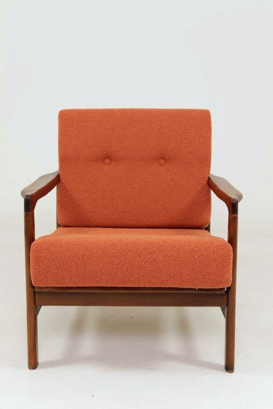 Image 1 of Poltrona vintage con cuscini arancioni papaya, design classico, poltrona lounge MCM, 1960, Polonia