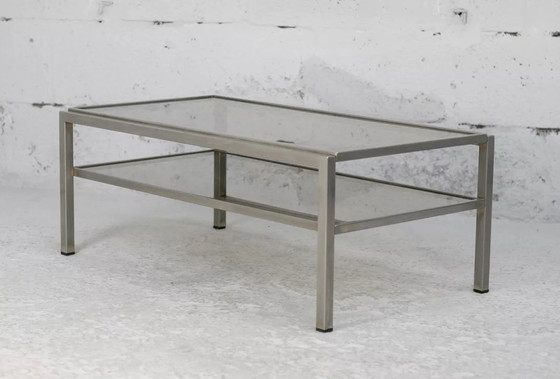 Image 1 of Tavolino da caffè a due ripiani in acciaio e vetro fumé