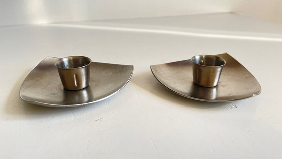 Image 1 of Vintage brushed metal geometric candlesticks