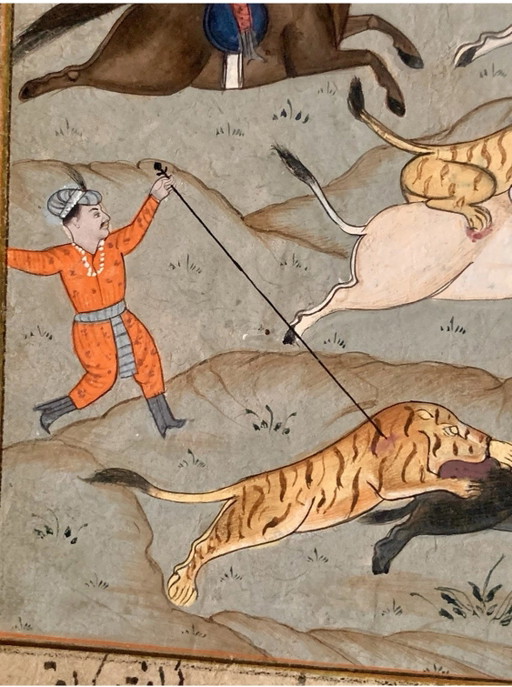 Prachtige Indiase miniatuur – Jachtscène – Urdu-kalligrafie – – schilderijen tekeningen, Paper