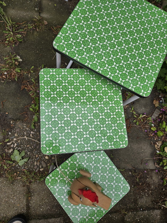 Image 1 of set of 3 vintage side tables green with sixties seventies pattern retro