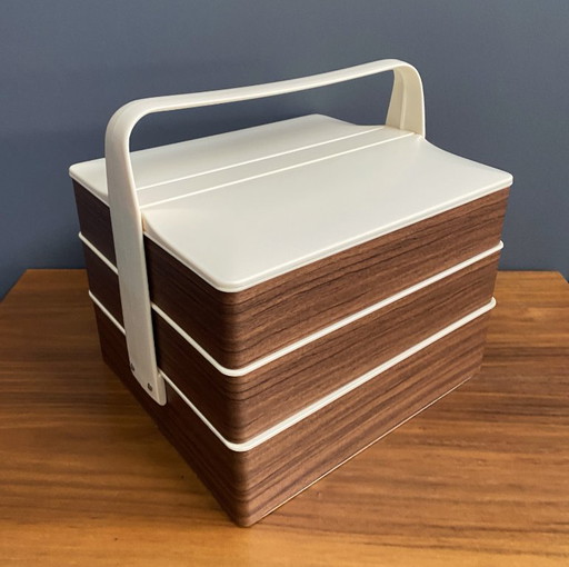 1970s plastic brown sewing box in original box