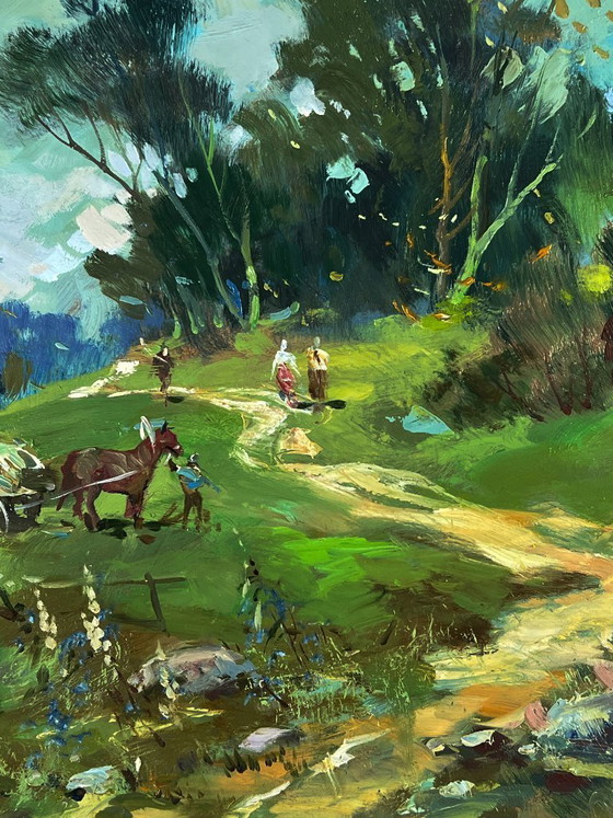 Image 1 of Pintura al óleo original: Paisaje rural, vida en un pueblo, día de verano en el bosque.