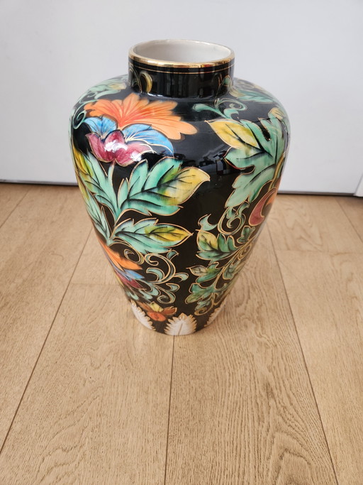 Large Vintage Art Deco Style Vase - Hubert Bequet - Black with Hand-Painted