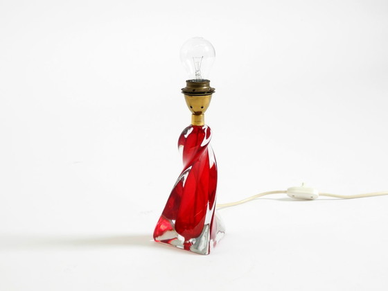 Image 1 of Beautiful heavy mid-century modern table lamp made of solid crystal glass in red and transparent