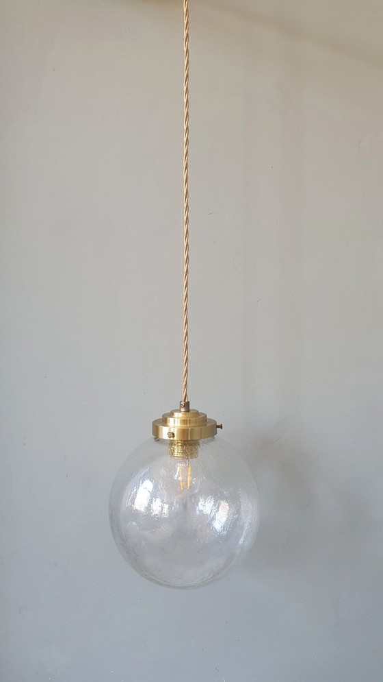 Image 1 of Vintage plafond hanglamp van getextureerd / bubbelglas - Mid Century