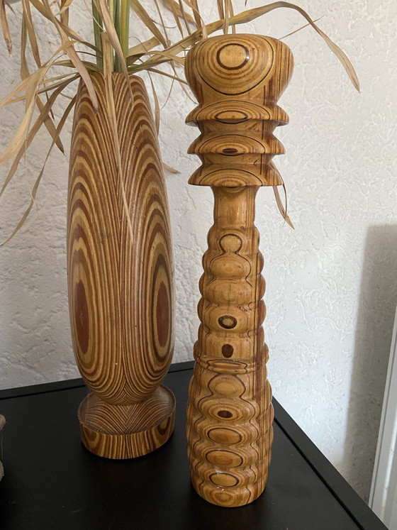 Image 1 of Vintage retro decoratieve vaas, kandelaar, unieke handgemaakte houten antieke zeldzaamheid