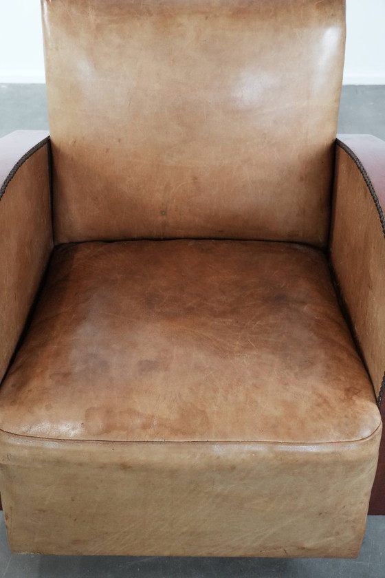 Image 1 of Fauteuil de style Art déco en cuir de vachette d'une belle couleur cognac clair