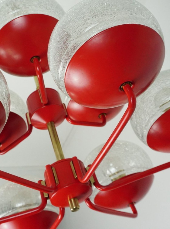 Image 1 of stunning 1960s 70s mid century modern CHANDELIER, red metal and brass, 9 crackle glass shades