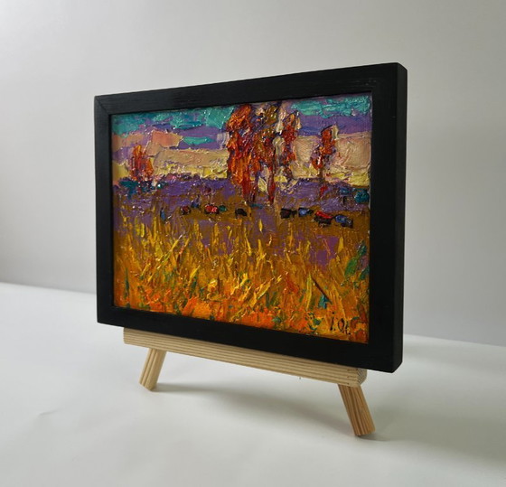Image 1 of Original Oil Painting Autumn Nature Landscape Night on the Field