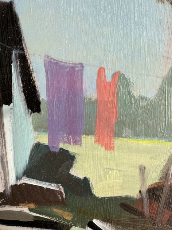 Image 1 of Peinture naïve moderniste « Jour de lessive », huile sur panneau d'Eskil Skans