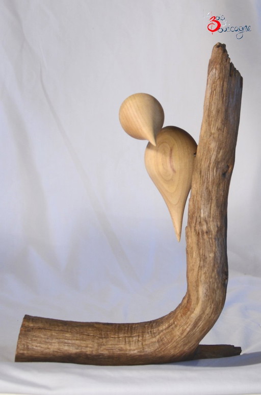 Uccello decorativo sul suo ramo, in legno massello artigianale, Made in France, 21x30cm – beeldhouwkunst, Wood