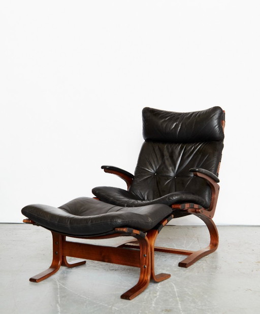 Skandinavischer Leder-Freischwinger mit Fußhocker von Elsa & Nordahl Solheim für Rybo Rykken, 1960er Jahre, 2er-Set