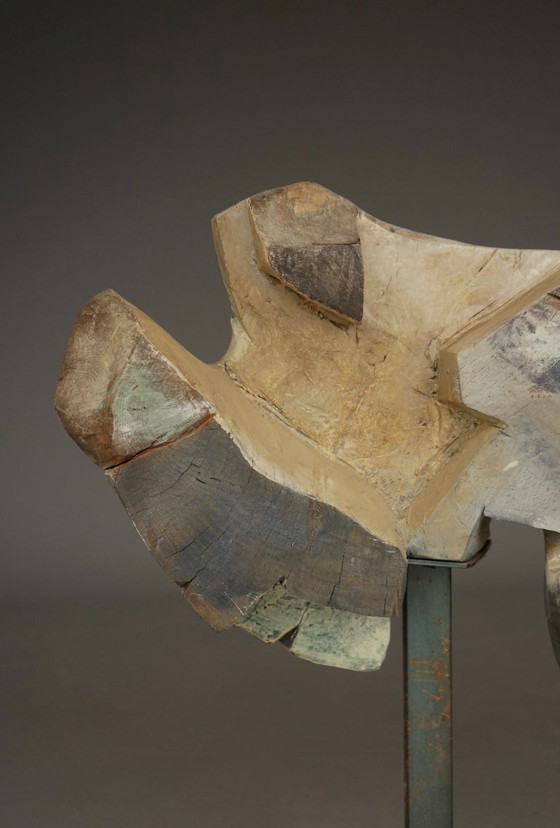 Image 1 of Gesneden brutalistisch abstract beeldhouwwerk, jaren 70, hout en metaal