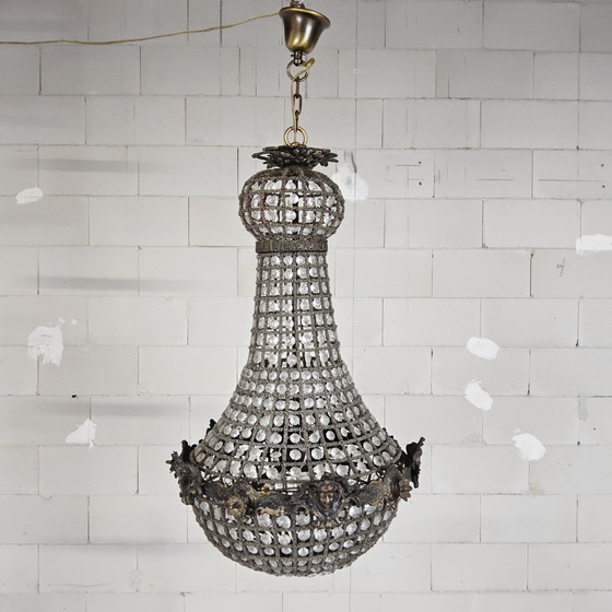 Image 1 of Vintage Louis XVI chandelier button empire crystal (glass) and metal / French chandelier