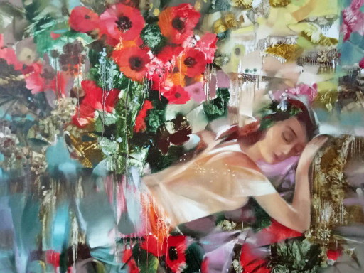 Original Oil Painting Abstract Figurative Girl Flowers Morning Symphony – schilderijen tekeningen, Canvas