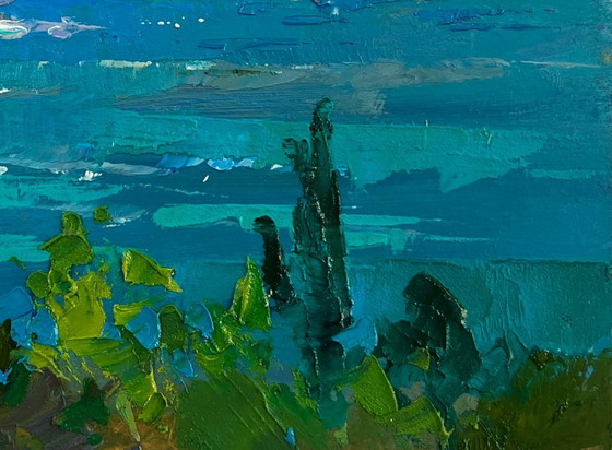 Image 1 of Original Oil Painting Summer Coastal Landscape The fusion of sea and mountains