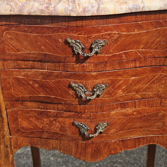 Image 1 of Chateau de Ligny - Pair of 2 French Vintage Marquetry Nightstands-Set of 2 Marble & Wood Bedside Tables-Style Louis XV - 50s