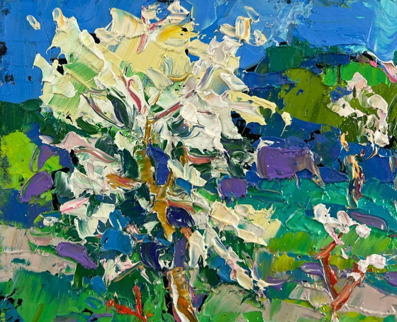 Image 1 of Original Oil Painting Flower Trees Landscape Blooming spring garden
