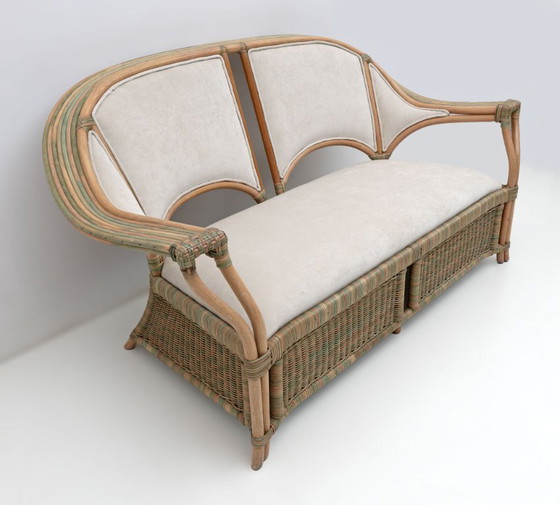 Image 1 of Mid-century Modern Italian Rattan and Wicker Two Armchairs and Sofa, 1970s