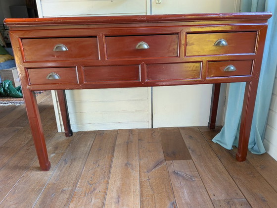 Console asiatique avec tiroirs, bois brun rougeâtre, Métal, Aziatisch (photo 8 sur 9)