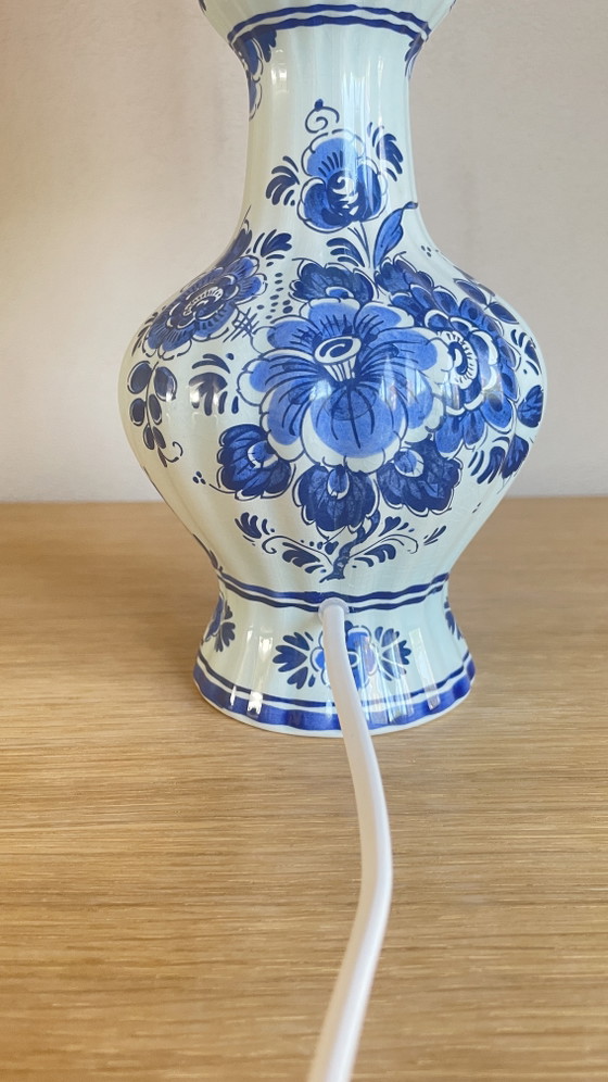 Image 1 of Vintage Handmade Table Lamp (42cm) – Classic Delft Blue Base with Orange Linen Shade