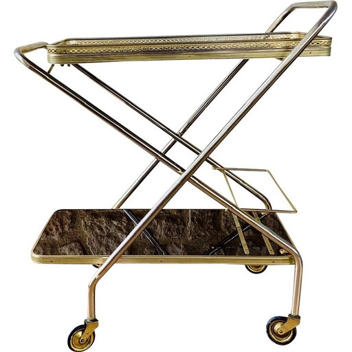 Carrito de bar vintage de latón con bandejas de fórmica y ruedas multidireccionales, década de 1960