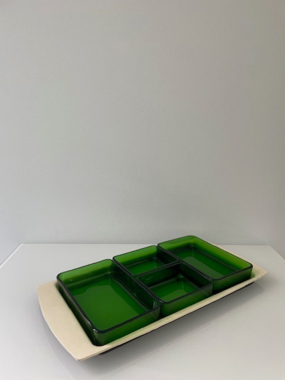 Image 1 of Vintage serving bowl with bright green glass trays - 1960s retro design