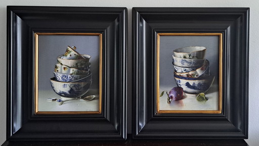 Still Life With Stacked Bowls With Plum Or Spoon By Rob Ritchie