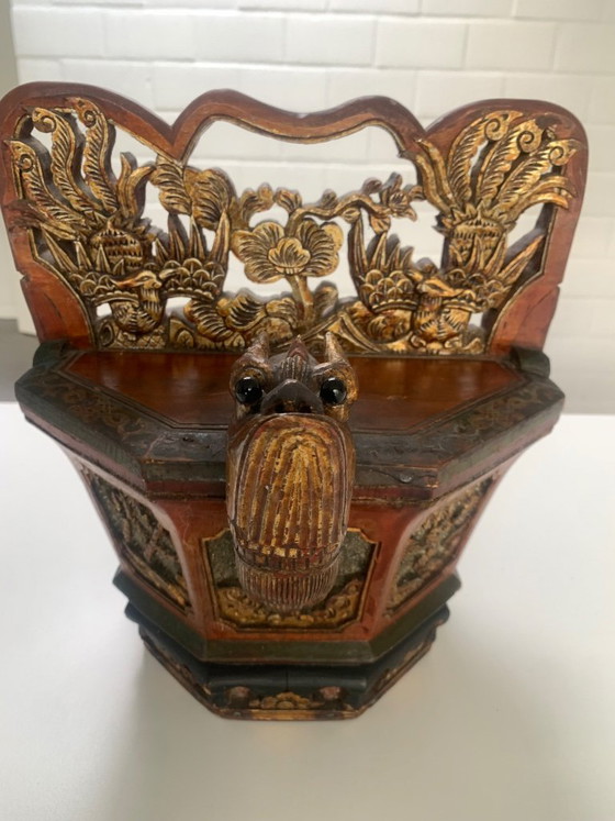 Image 1 of Antique 19th-C. Chinese Carved Wood Tea Caddy – Phoenix & Dragon Motifs 