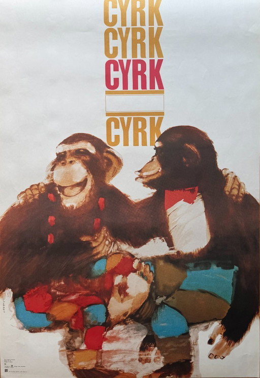 Maciej Urbaniec (1925-2004), Chimpancés de arte pop de Cyrk, 1979, Póster nº 24, Copyright de Desa Foreign Trade Enterprise,