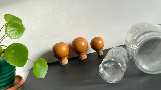 Image 1 of Vintage Engraved Glass and Wood Bottles