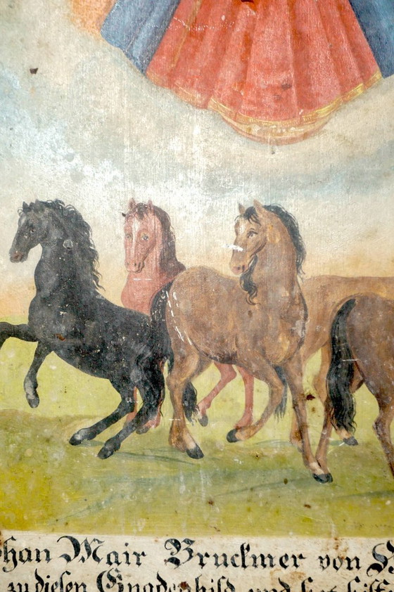 Image 1 of antique votive plaque 1842 * mary and child with horses * hand painted ex voto * horse folk art