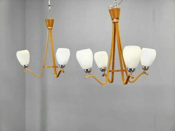Image 1 of Pair of Czech Mid-Century Wood and Glass Chandeliers by Dřevo Humpolec