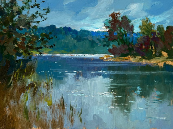 Image 1 of Original Oil Painting Summer River Landscape By the evening in nature