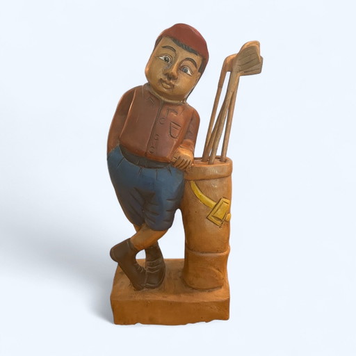Statue vintage en bois sculptée à la main - Garçon de golf avec clubs de golf