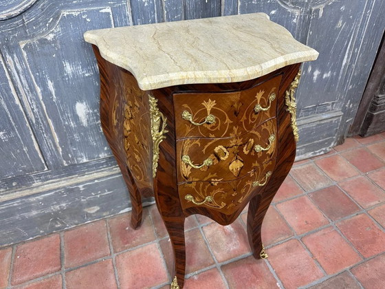Image 1 of Louis XV marquetry commode with gilt bronze mounts and marble – late 19th century
