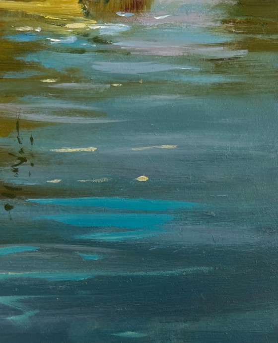 Image 1 of Original Oil Painting Summer River Landscape Boat ride on the river
