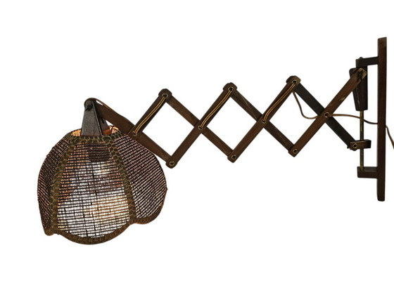 Image 1 of Schaarlamp | Harmonicalamp | wandlamp | vintage | eiken | varkensblaas | 70's |
