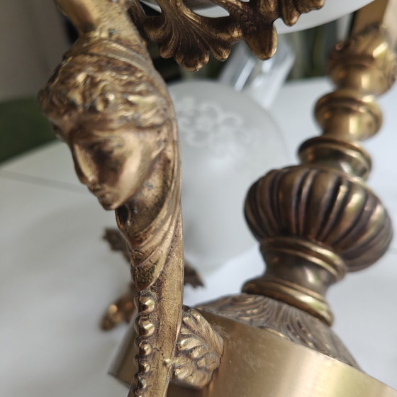 Image 1 of Vintage 3-Light Neo-Classical / Empire Style Chandelier – Ornate Brass Tone & Frosted Glass