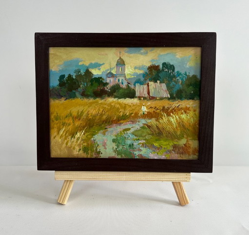 Original Oil Painting Evening Church Landscape Golden fields and sunset