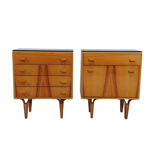 Mid Century Nightstands Ash Veneer & Black Glass František Mezulánik Nový Domov 1970s Czechoslovakia